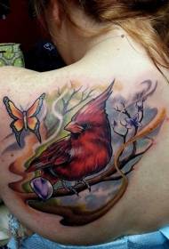 Atpakaļ karikatūras stilā krāsots tauriņš ziedu putns tetovējums modelis