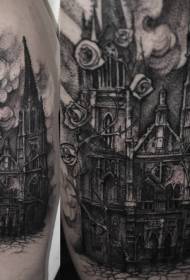 Catedral de estilo realista preto e padrão de tatuagem rosa