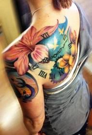 Назад пофарбовані квітка гібіскуса та годинник татуювання