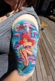 Big arm cute cartoon mermaid with castle tattoo pattern
