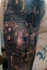 Casa da brividi raccapricciante con disegno del tatuaggio del cimitero