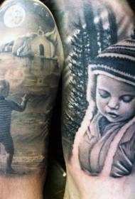 Grouss Aarm realistesch schwaarz Kand Portrait Tattoo Muster