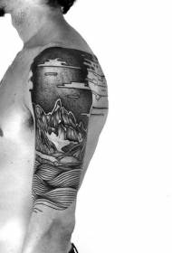 Mannelijke grote arm zwarte berg en golf tattoo patroon