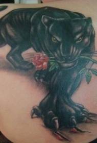 Pantera nera con motivo tatuaggio rosa sul retro