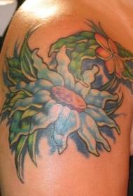 Bella spalla blu fiore foglia modello di tatuaggio