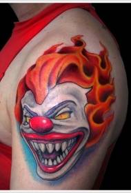 un spaventoso modello di tatuaggio da clown con capelli rossi sulla spalla