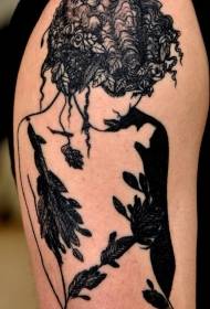 Mysterious black and white botanical combination female tattoo pattern