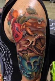 Rana con teschio di uccello a zampe grandi e motivo tatuaggio floreale