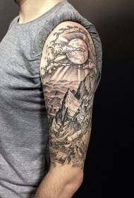 Pátrún tattoo sliabh sléibhe gréine dubh agus bán snoite