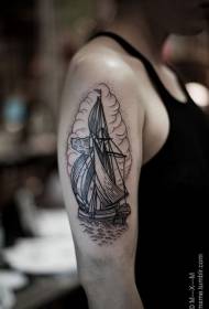 大臂黑色线条点刺帆船纹身纹身图案