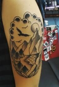 Patrón de tatuaje de brazo grande flor montaña lago y bosque pájaro