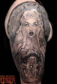 Modello di tatuaggio cimitero e donna stile grande braccio nero