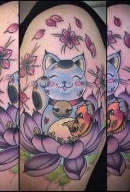 Iliustracijos stiliaus spalvingas mielas laimingos katės lotosas ir kalmarų tatuiruotės modelis
