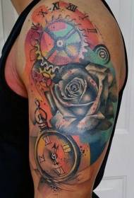 Liela rokas krāsas pulkstenis ar mehānisku un ziedu tetovējuma rakstu
