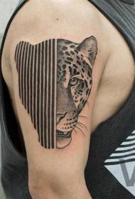 Big arm surreal style black half leopard head tattoo pattern