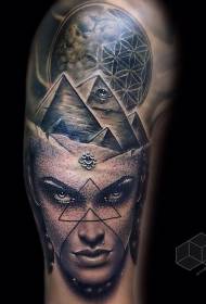 Gravírování styl černá pyramida a planeta ženský portrét tetování vzor