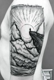 Modello del tatuaggio del paesaggio del paese di stile incisione linea nera grande braccio