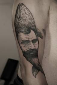 Balena nera a braccio grosso in stile incisione con motivo tatuaggio sul viso