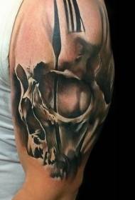 Brazo misterioso cráneo blanco y negro con patrón de tatuaje de reloj