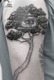 Arbre neru grande cù un mudellu misteriosu di tatuaggi di ochju