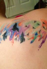 Shoulder watercolor style dandelion and a flock of black birds colored tattoo pattern
