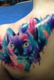 Pečių akvarelės katės portreto tatuiruotės modelis