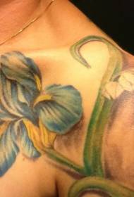 Gentle blue iris flower tattoo on the instep