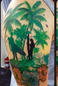 Big colorful surfers with palm tree tattoo pattern