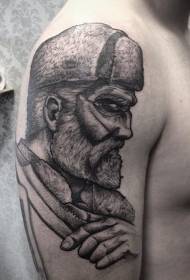 Grootarm swart geheimsinnige snaakse man portret tattoo patroon