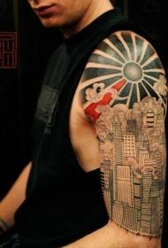 大臂黑色華麗的太陽結合線條城市紋身圖案