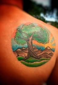 Taustaväri sarjakuva yksinäinen puu tatuointi malli
