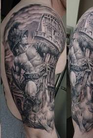 Statua del gladiatore romano antico e modello di tatuaggio grigio nero arena