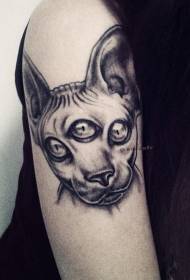 Swarte en grize styl mysterieuze trije-eyed kat tatoeaazjepatroon mei grutte earm