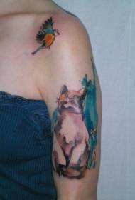 Stor arm underbar akvarell katt med fågel tatuering mönster