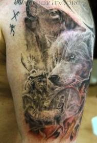 手臂現實黑灰部落薩滿畫像與狼紋身圖案