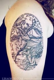 Modello di tatuaggio cervo linea nera stile grande braccio intaglio