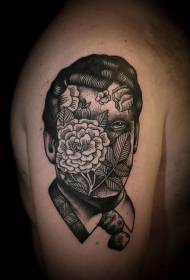 Ritratto della puntura di punto nero della vecchia scuola del grande braccio con il modello del tatuaggio del fiore