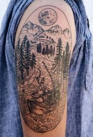 Velká paže černá linie krajina lesní scenérie tetování vzor
