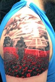 Un brazo grande pintado de flores de campo vermello con retratos de tatuaxe
