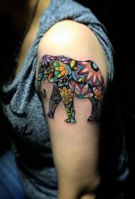Nagy kar aranyos színes virág kombináció elefánt tetoválás minta