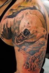 Didelės rankos spalvos baltasis lokys su šunų komandos tatuiruotės modeliu