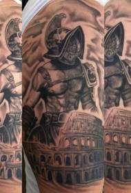 Oude vechter zwart-witte Romeinse arena met oude vechter tattoo patroon
