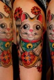 Рака убава шарена среќа мачка и црвена цвет шема на тетоважа