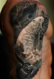 Grote witte ijsbeer en stoomboot tattoo patroon