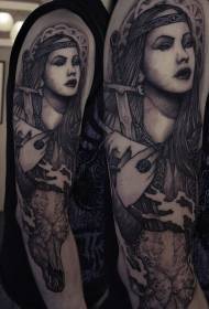 Ручно гравирање у стилу црне лепе жене са узорком тетоваже мачем