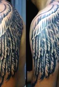 Shoulder and Big Arm Fantasy Style Black Grey Wings Tattoo Model