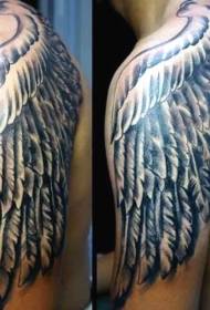 Shoulder and Big Arm Fantasy Style Black Gray Wings Tattoo Pattern