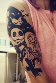 Arm zwart-wit cartoon zombie paar met vleermuis tattoo patroon