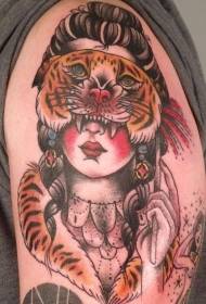 Old school painted mysterious woman with tiger mask tattoo pattern