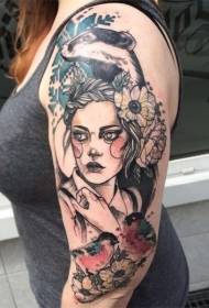 Big arm sketch style colored woman with various animal floral tattoo patterns